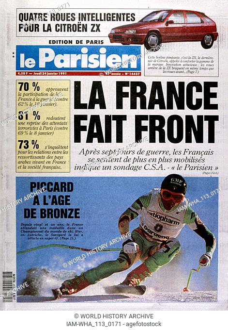 Headline in 'Le Parisien' a French newspaper, 24th January 1991, concerning increased public support French involvement in the Gulf War (2 August 1990 - 28...