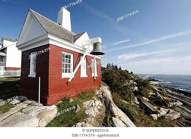 Red Fog Bell House on the Cliff, Pemaquid Point Lighthouse, Bristol, Maine, USA