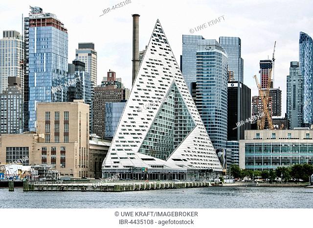 VIA 57 West, pyramid shaped apartment building, with skyline, architects Bjarke Ingels Group, Hudson River, Hell's Kitchen, Manhattan, New York, USA