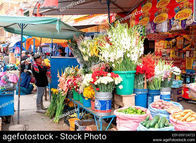 Sucre Bolivia October 19 flowers on sell at the farmer market in Northern Sucre. The market is known for the quantity and quality of goods offered