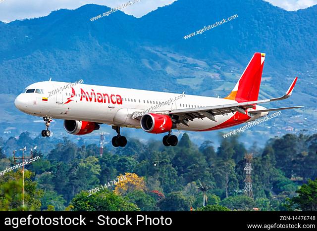 Medellin, Colombia ? January 27, 2019: Avianca Airbus A321 airplane at Medellin Rionegro airport (MDE) in Colombia