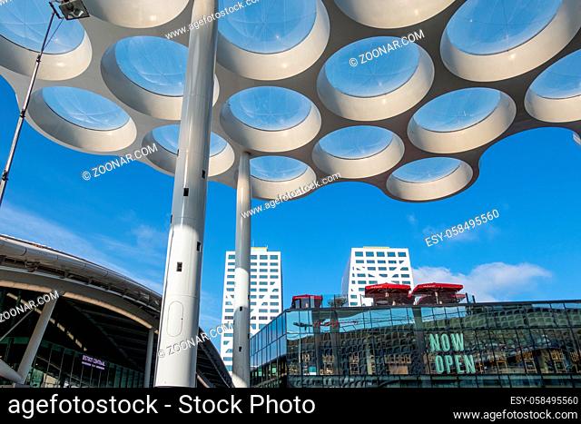 Utrecht, The Netherlands - May 15, 2018: Modern roof with circle glass windows over passage near railway station Utrecht, the Netherlands