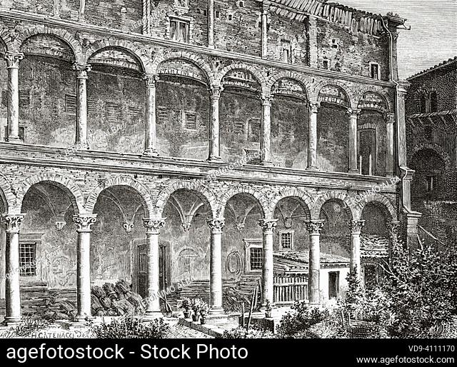 Piccolomini Palace. Palazzo Piccolomini, Pienza, province of Siena, Tuscany, Italy. Travel through Tuscany by Eugene Muntz 1881. Le Tour du Monde 1882