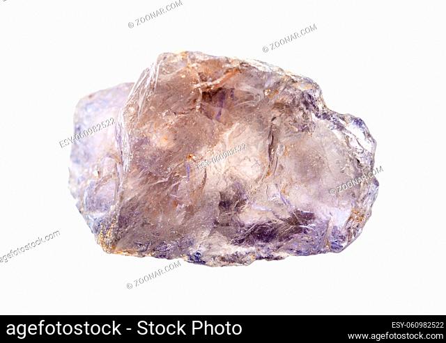 closeup of sample of natural mineral from geological collection - rough crystal of Cordierite (Iolite) isolated on white background