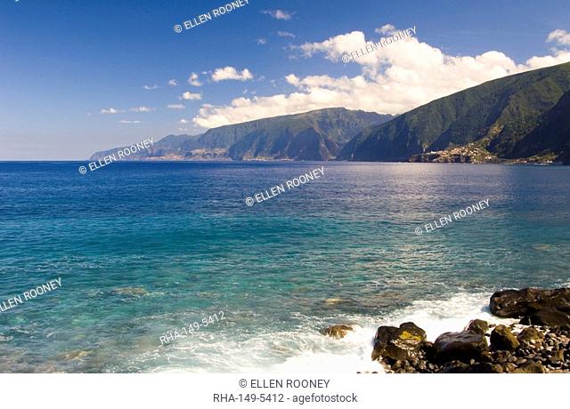 A view of rocks, cliffs and sea from the north coast road, Madeira, Portugal, Atlantic, Europe