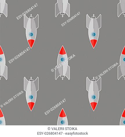 Space Rocket Flying on Grey Background. Seamless Pattern