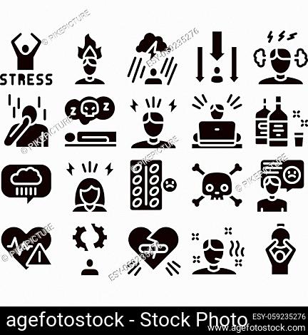Stress And Depression Glyph Set Vector Thin Line. Anti Stress Pills And Alcoholic Drink Bottle, Angry Human And With Burning Head Glyph Pictograms Black...