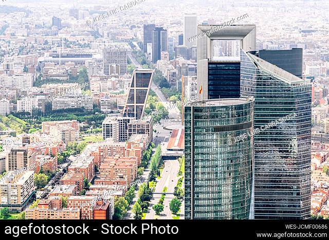 Spain, Madrid, Helicopter view of¶ÿCuatro¶ÿTorres Business Area
