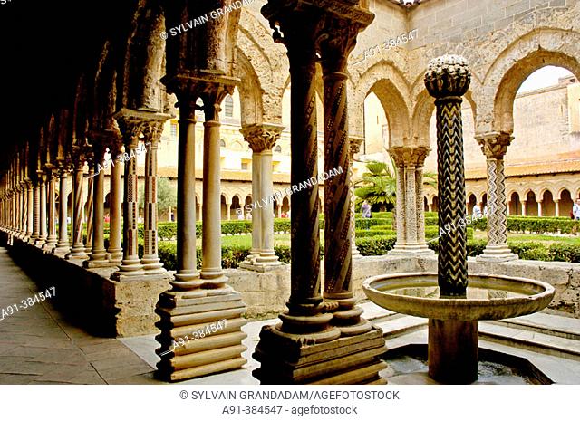 The arabo-norman cathedral and benedictine cloister in Monreale near Palermo, main city of Sicily. Italy