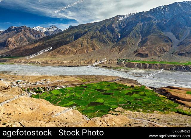 View of Spiti valley, village and Spiti river in Himalayas. Spiti valley, Himachal Pradesh, India, Asia
