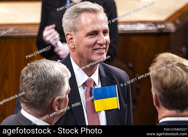 United States House Minority Leader Kevin McCarthy (Republican of California) wears a Ukrainian flag to US President Joe Biden’s first State of the Union...
