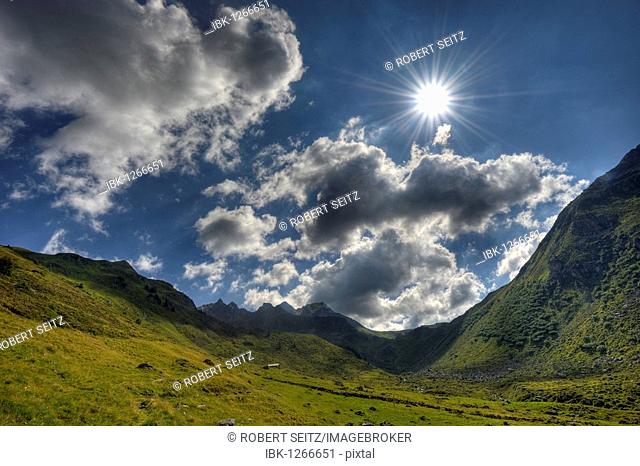 Sunny valley against the light, Gaschurn, Montafon, Vorarlberg, Austria, Europe