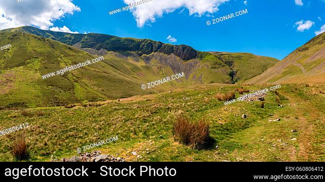 Yorkshire Dales landscape with the Howgill Fells and Cautley Spout in the background, near Low Haygarth, Cumbria, England, UK
