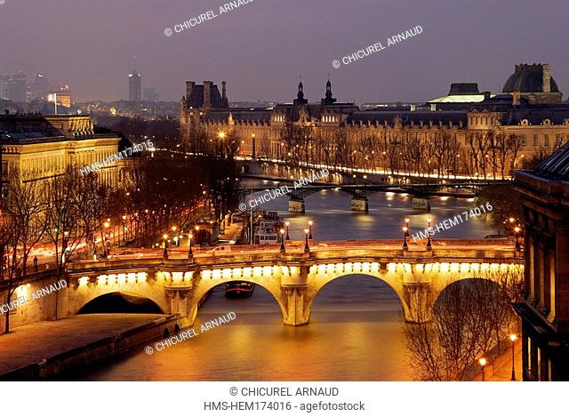 France, Paris, banks of the Seine river listed as World Heritage by UNESCO, Pont Neuf, Louvre museum and Hotel de la Monnaie The Mint on the left