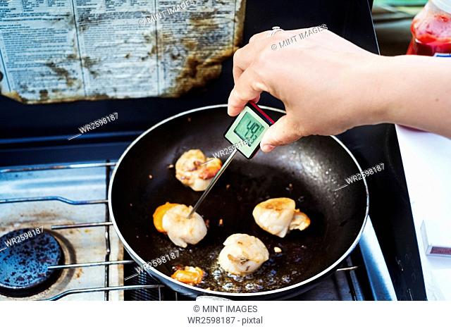 Woman measuring the temperature of a scallop in a frying pan with a digital thermometer