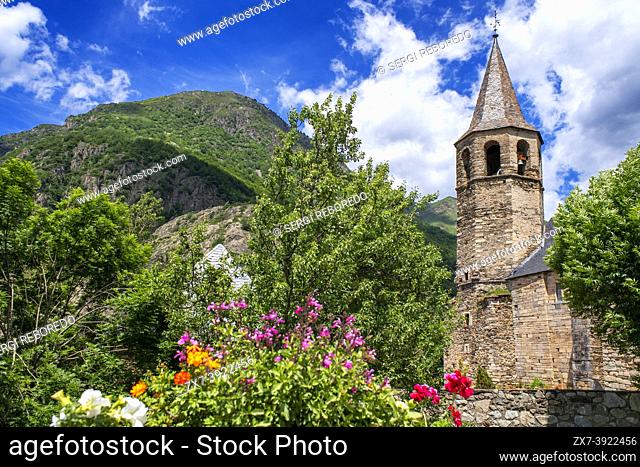 Bagergue or Bagerque village with the Romanesque Sant Feliú church near Viella, Val d'Aran, Aran Valley in Aran Valley in Pyrenees Lleida Catalonia Spain