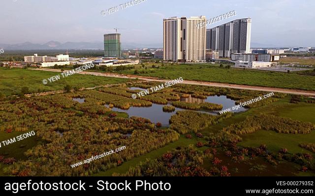 Aerial view wetland at Batu Kawan. Background is new development happening