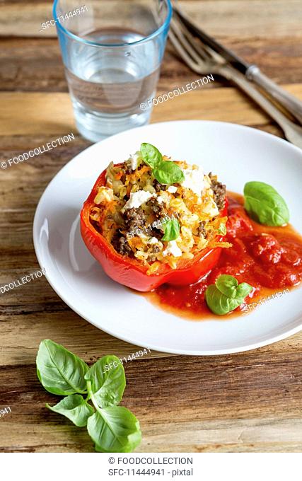 Stuffed peppers with minced beef, tender wheat, root vegetables and feta cheese