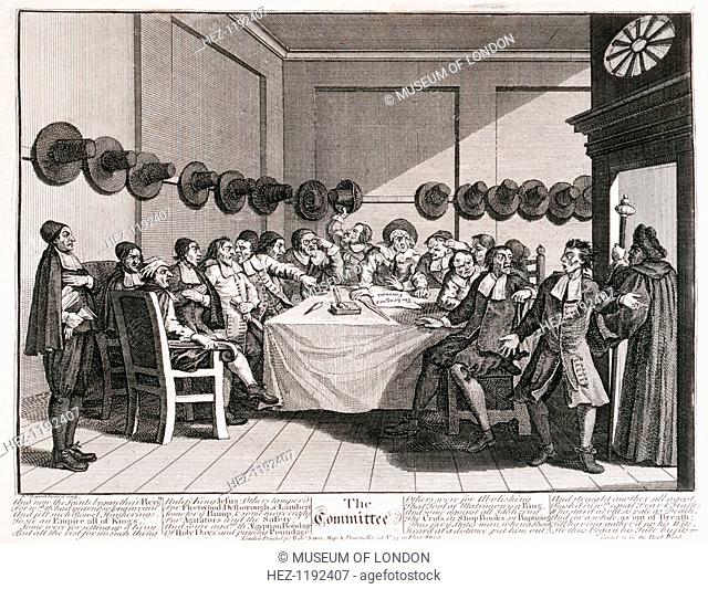 'The Committee', 18th century. Seated round a table. The paper on the table is entitled The Leagued Covenant. The verse below states they are trying to decide...
