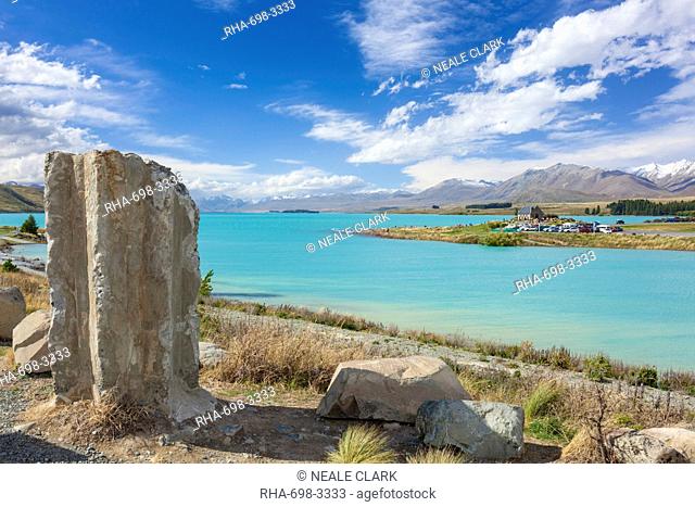 Ruined column by the side of glacial Lake Tekapo, Mackenzie district, South Island, New Zealand, Pacific