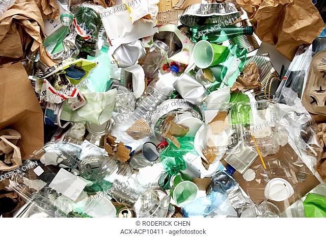 grouping of recyclable material glass, plastic amd metal, Montreal, Quebec, Canada