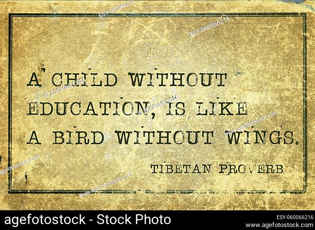 A child without education, is like a bird - ancient Tibetan proverb printed on grunge vintage cardboard