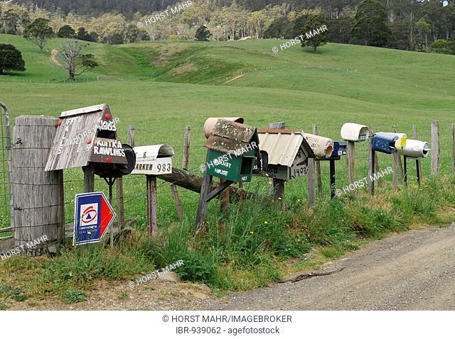 Letter boxes of various farm houses near Deloraine, Tasmania, Australia