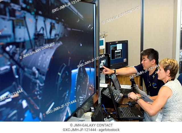 Astronauts Peggy Whitson, Expedition 16 commander; and Dan Tani, Expedition 1516 flight engineer, use the virtual reality lab at the Johnson Space Center to...