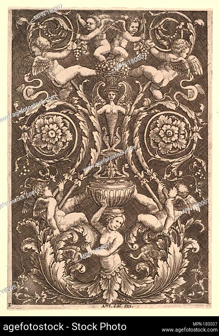 A panel of ornament with putti and other figures. Artist: Master of the Die (Italian, active Rome, ca. 1530-60); Artist: After Perino del Vaga (Pietro...