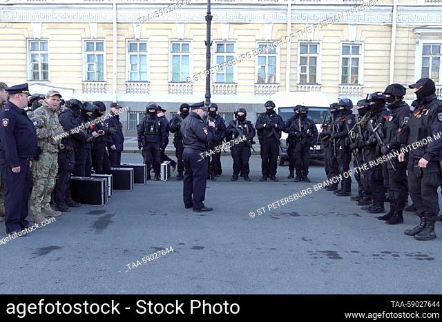RUSSIA, ST PETERSBURG - MAY 9, 2023: Members of an anti-drone squad of the Russian police are on duty in St Petersburg on Victory Day