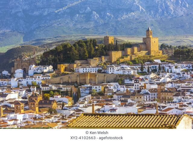 Antequera, Malaga Province, Andalusia, southern Spain. View across the town from the Vera Cruz hill to La Alcazaba (citadel or castle)