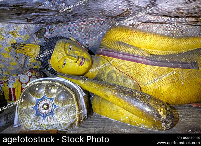 Dambulla, Sri Lanka - February 2020: Buddha statue inside Dambulla cave temple on February 8, 2020 in Dambulla, Sri Lanka. Cave V Devana Alut Viharaya