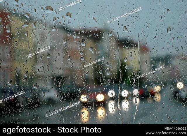 germany, bavaria, upper bavaria, neuötting, town square, traffic, rain, glass pane, raindrops
