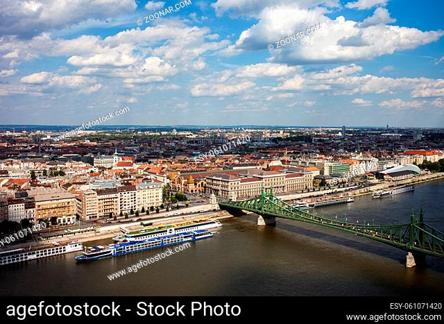 City of Budapest in Hungary aerial view cityscape, Pest Side, Liberty Bridge on Danube River