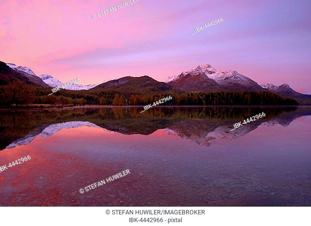 Morning light, Lake Sils, Piz da la Margna behind, Sils, Engadin, Canton of Grisons, Switzerland