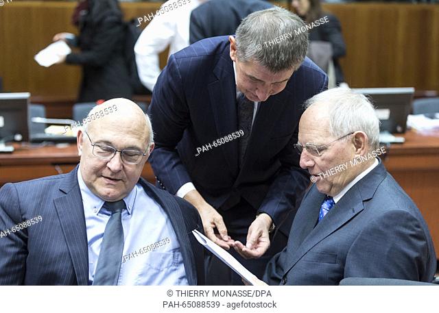 Brussels, Belgium, January 15, 2016. -- French Finance & Public Accounts Minister Michel Sapin (L) is talking with the Czech Republic's Finance Minister Andrej...