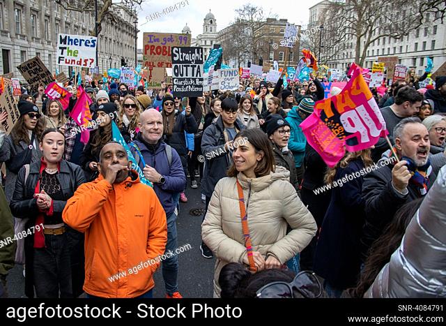 London, UK - 1 Feb, 2023. Protesters in Whitehall after marching from BBC in Protect The Right To Strike and Pay Up march