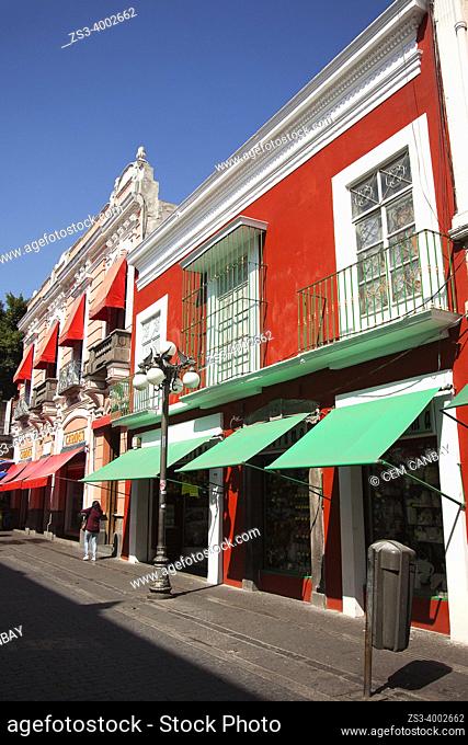 View to the colorful colonial buildings with balconies at the historic center, Puebla, Puebla State, Mexico, Central America