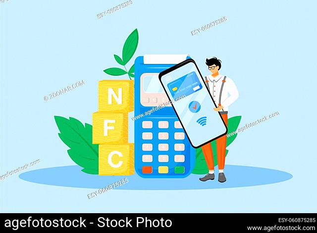 NFC payment flat concept vector illustration. Man using smartphone for contactless payment 2D cartoon character for web design