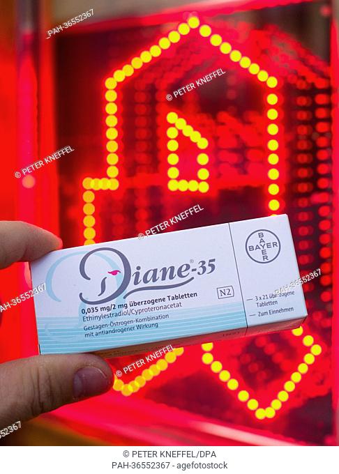 The contraceptive Diane 35 is pictured in front of a pharmacy in Munich, Germany, 30 Jauary 2013. An acne medicine by Bayer often prescribed as a contraceptive...