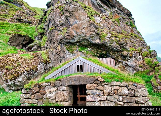 Roof with grass on typical Iceland home in the countryside. Rutshellir Caves