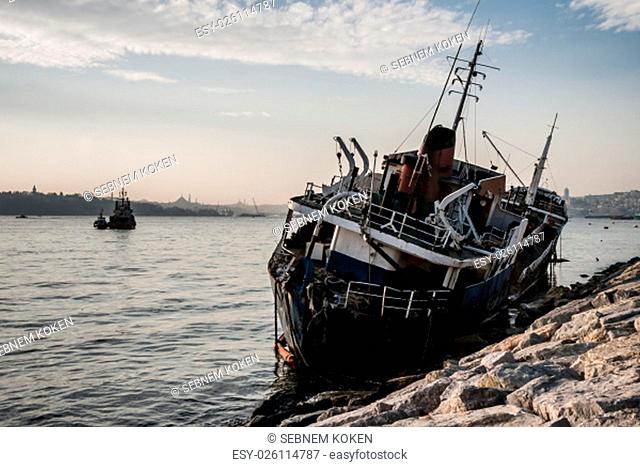 Old ship washed ashore in Bosphorus, Istanbul, Turkey