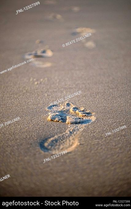 Footprints in sand, Sylt, Schleswig-Holstein, Germany, Europe