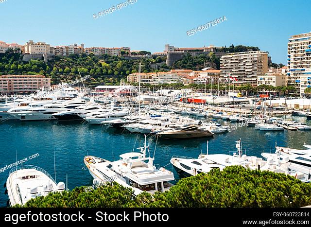 Yachts moored at town quay In Sunny Summer Day. Monaco, Monte Carlo