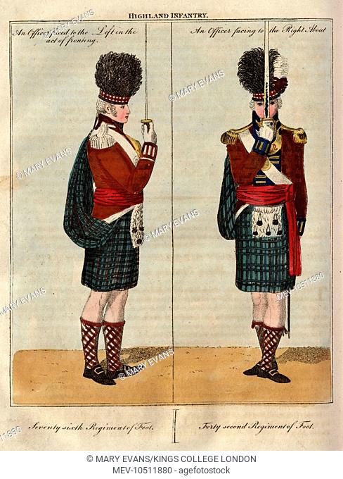 Two officers of the Highland Infantry with their swords. On the left is a member of the 76th Regiment of Foot, in the act of fronting; on the right is a member...