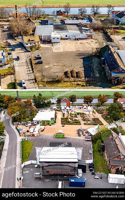 06 October 2022, Saxony, Torgau: The image combo shows the abattoir site before the State Horticultural Show (taken on 13.02.2018) and during the show