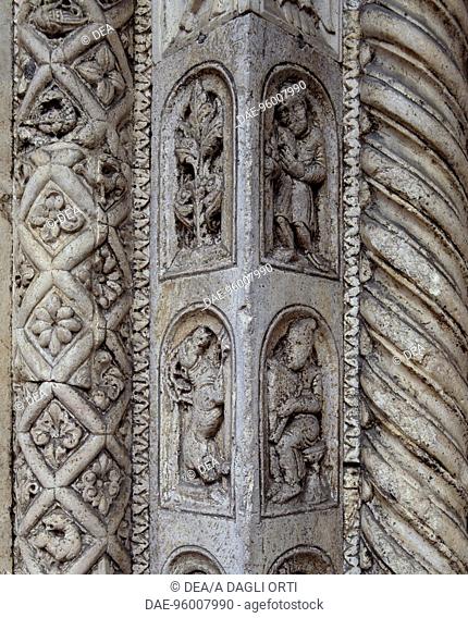 Main doorway, relief decoration of the facade St George the Martyr Basilica, Ferrara, Emilia-Romagna. Detail. Italy, 12th century