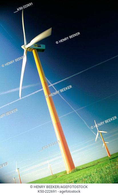 Windturbines of Dutch windfarm in Flevoland. Almere. Netherlands