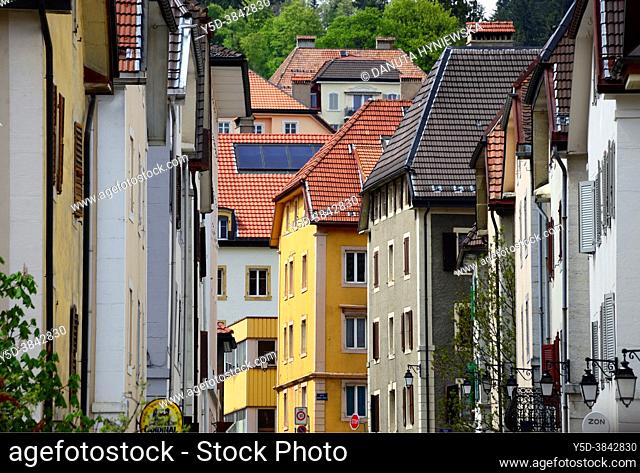 Street scene, city center of La Chaux-de-Fonds, UNESCO World Heritage, La Chaux-de-Fond in canton of Neuchâtel is located in Jura mountains, altitude of 1000 m
