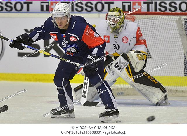 L-R Vojtech Nemec (Plzen) and goalkeeper Gustaf Lindvall (Skelleftea) in action during the ice hockey Champions League playoff quarterfinal second leg game HC...